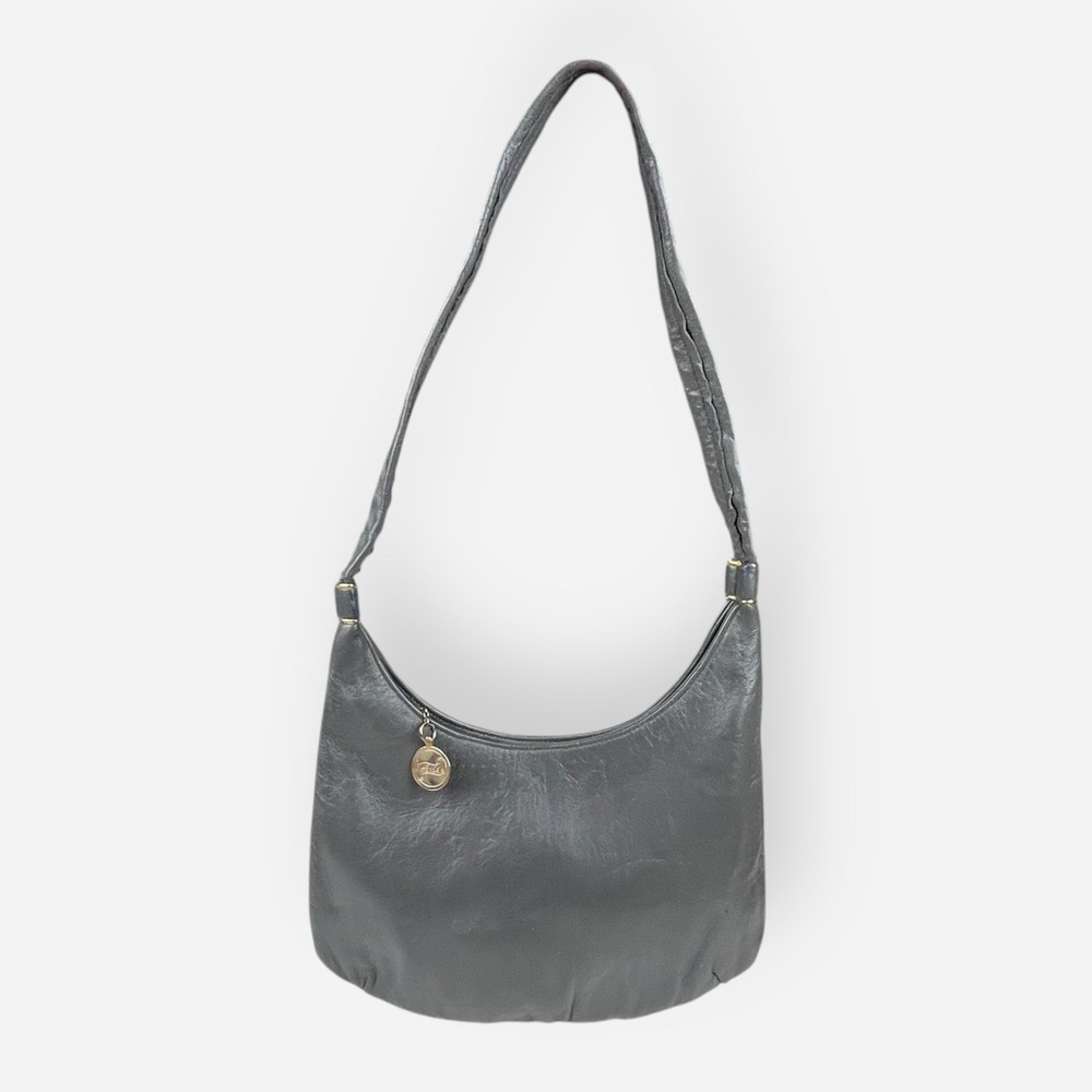 Vintage‎ Ande Stone Gray Leather Shoulder Bag Tote Gold Half Moon